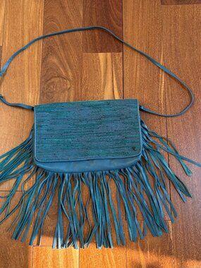 Elliott Lucca turquoise woven leather bohemian fringe cross-body bag